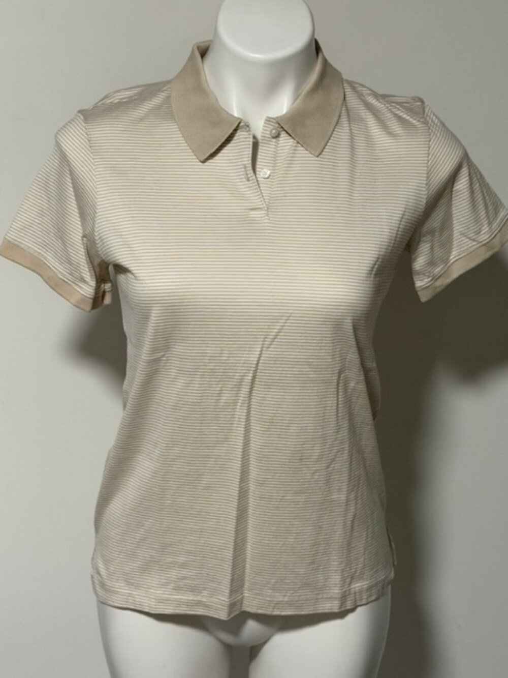 DEVON & JONES TAN AND WHITE STRIPED COLLARED POLO SMALL